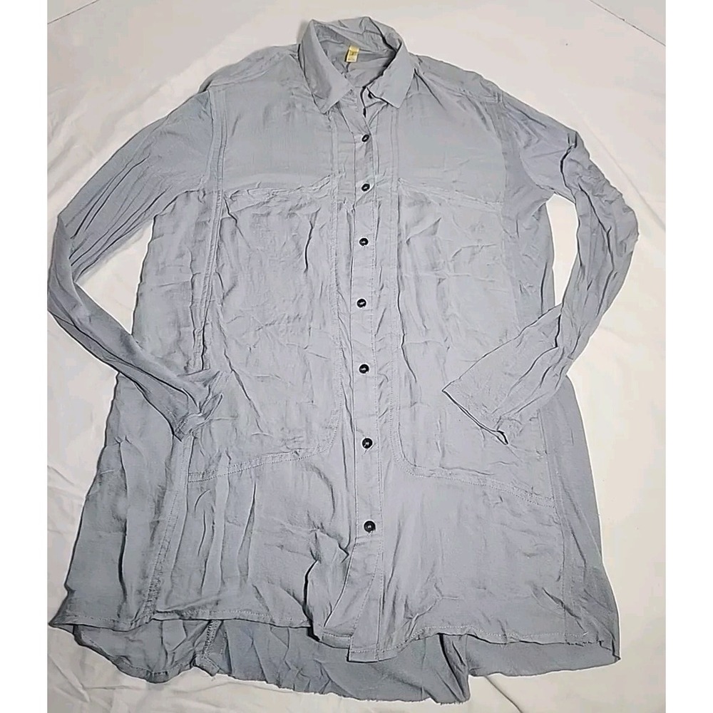 Free People Collared Button Down Blouse Oversized‎ Pockets Size XS Blue